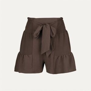 High Waist Smocked Tie-Front Shorts in Coffee